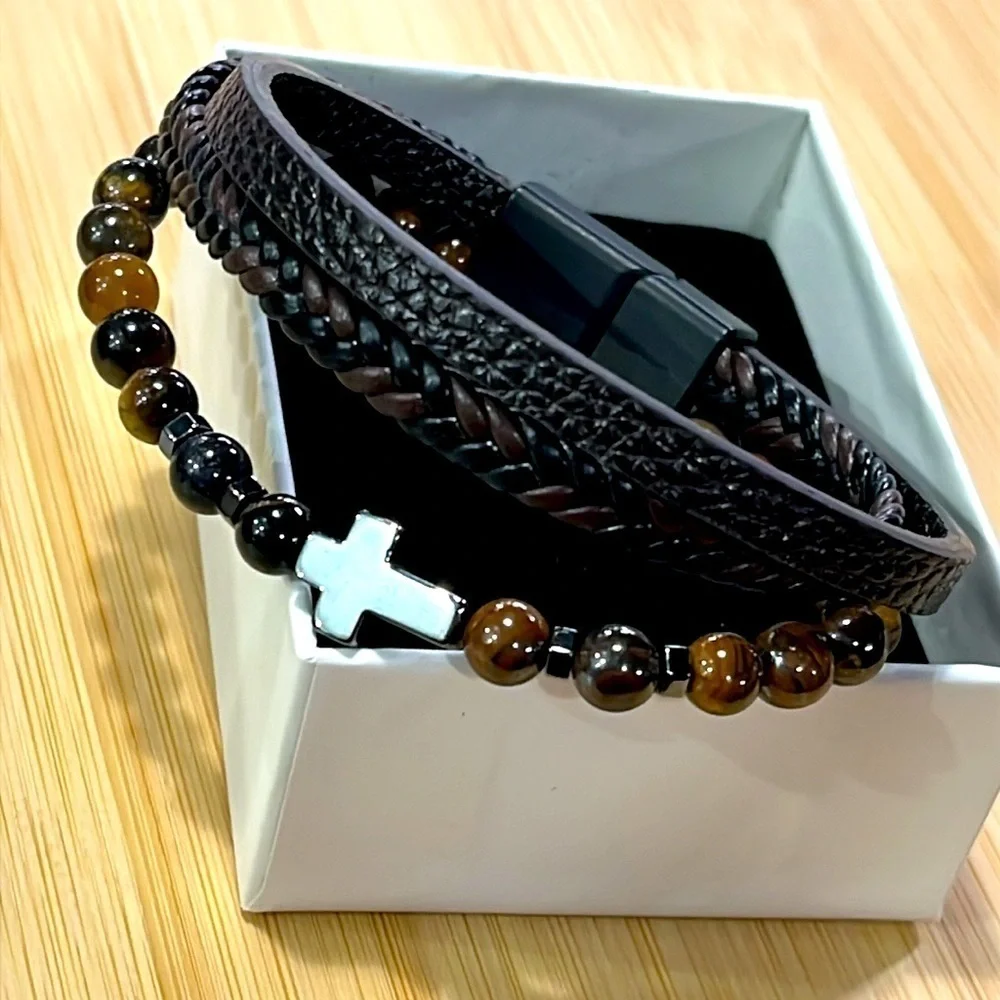 Brand New Men's Beaded Braided Leather Metal Cross Bracelet Magnetic Clasp